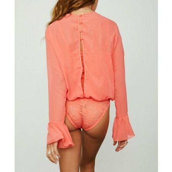Hot as Hell Coral C It Through Lace Mesh Long Sleeve Bodysuit NEW - Picture 2 of 8